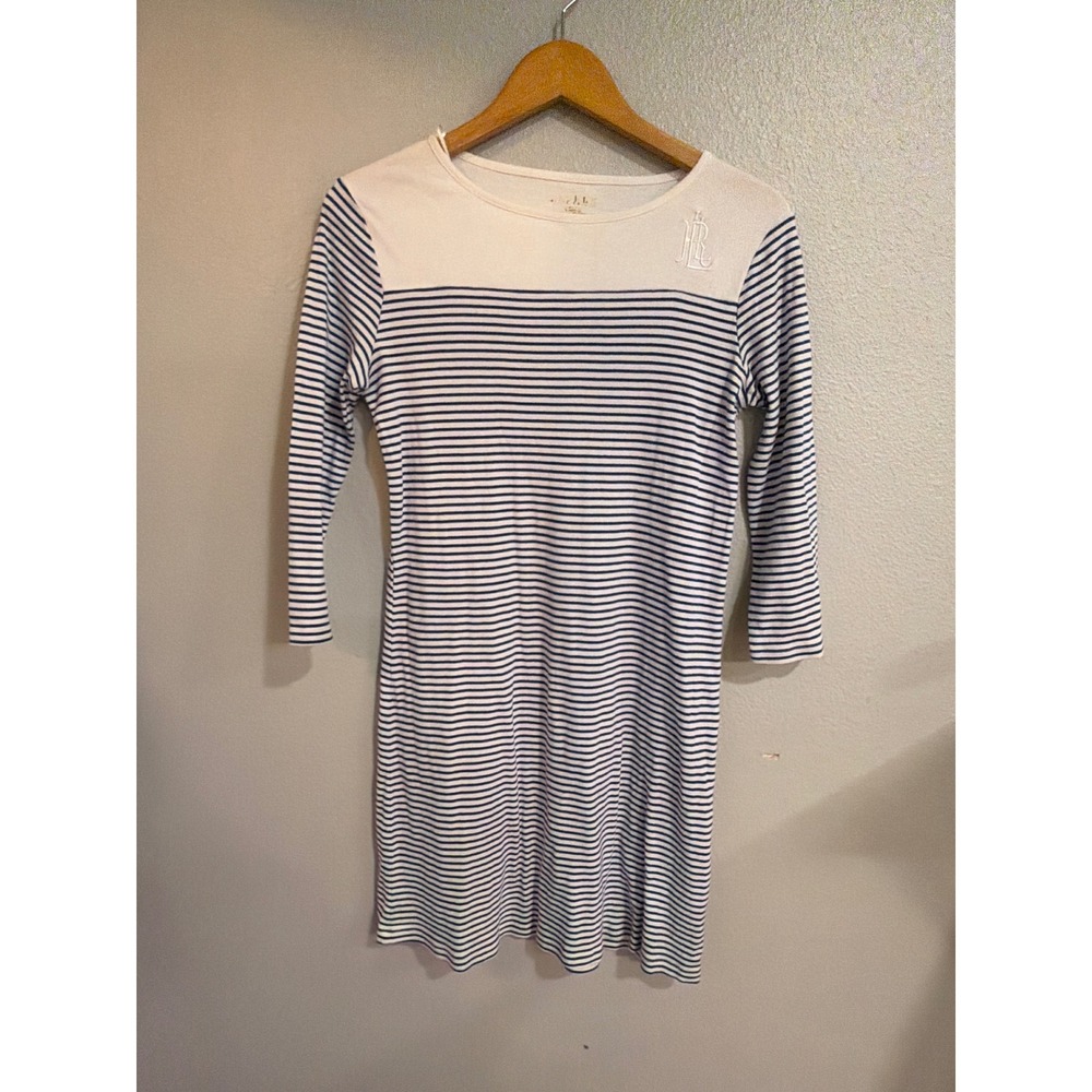 Lauren Ralph Lauren T-Shirt Dress Womens S Navy Blue White Striped 3/4 Sleeve